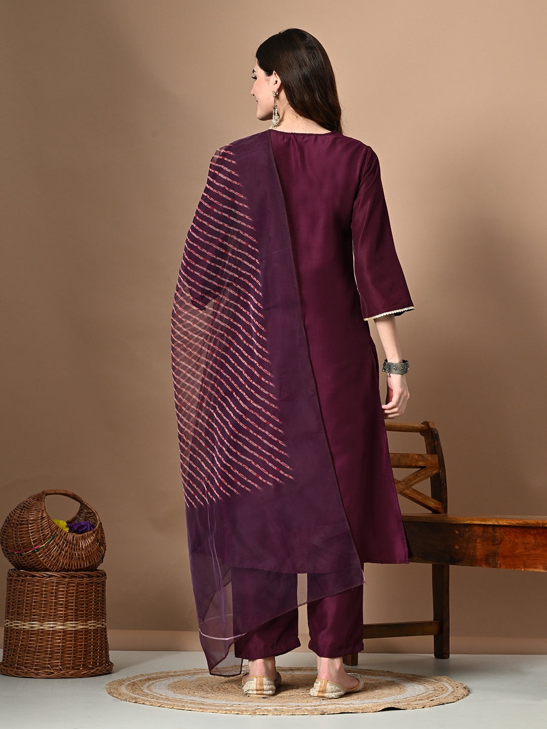 Myshka Women's Embroidered V-Neck Bell Sleeves Kurta & Palazzos With Printed Dupatta Sets in Magenta Color - Distacart