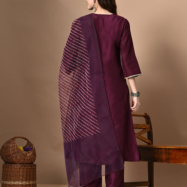 Myshka Women's Embroidered V-Neck Bell Sleeves Kurta & Palazzos With Printed Dupatta Sets in Magenta Color - Distacart