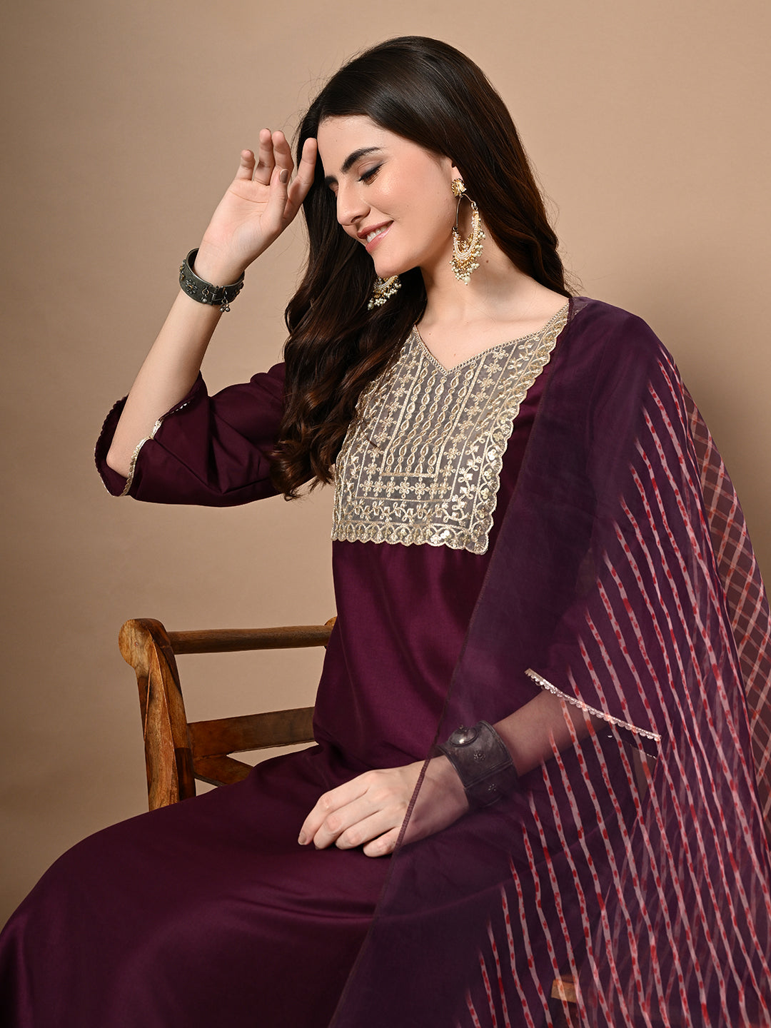 Myshka Women's Embroidered V-Neck Bell Sleeves Kurta & Palazzos With Printed Dupatta Sets in Magenta Color - Distacart