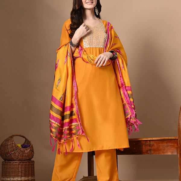 Myshka Women's Embroidered V-Neck Bell Sleeves Kurta & Palazzos With Printed Dupatta Sets in Yellow Color - Distacart