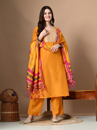 Myshka Women's Embroidered V-Neck Bell Sleeves Kurta & Palazzos With Printed Dupatta Sets in Yellow Color - Distacart