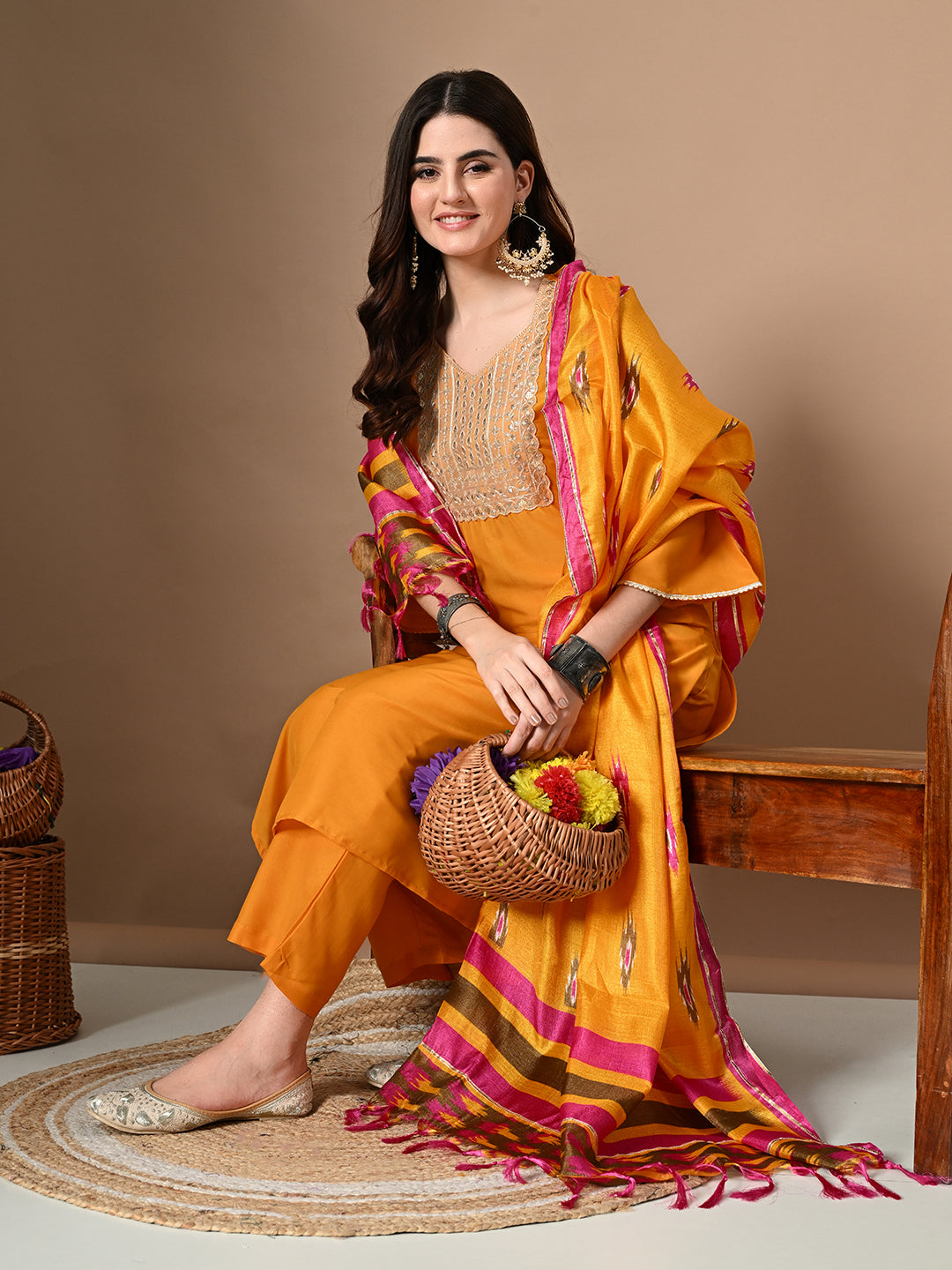 Myshka Women's Embroidered V-Neck Bell Sleeves Kurta & Palazzos With Printed Dupatta Sets in Yellow Color - Distacart