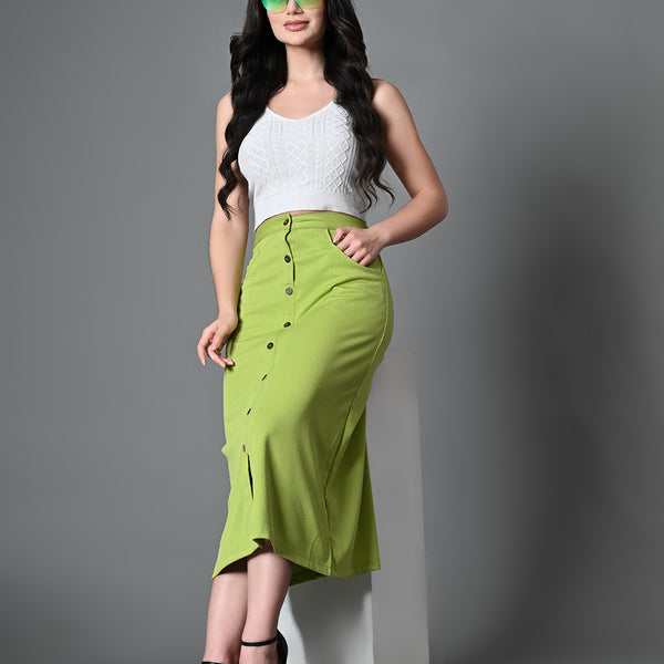 Myshka Women's Solid Ribbed A-Line Embellished Casual Skirt in Green Color - Distacart