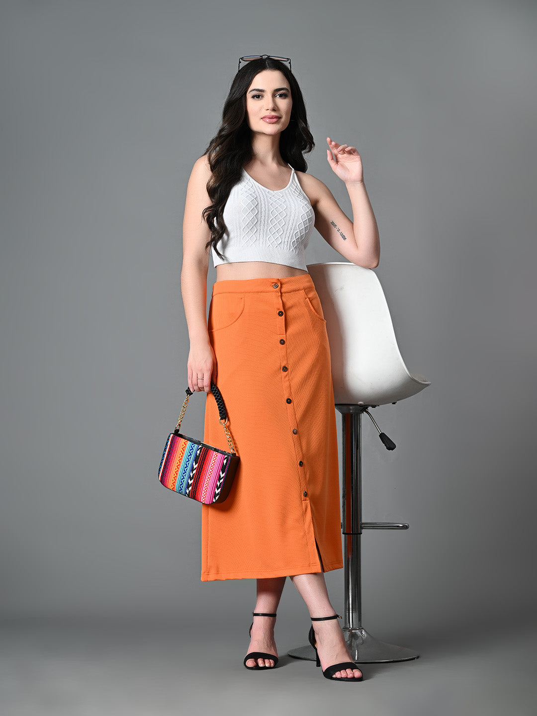 Myshka Women's Solid Ribbed A-Line Embellished Casual Skirt in Orange Color - Distacart