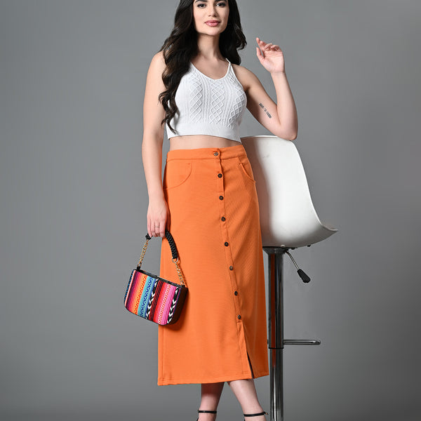 Myshka Women's Solid Ribbed A-Line Embellished Casual Skirt in Orange Color - Distacart