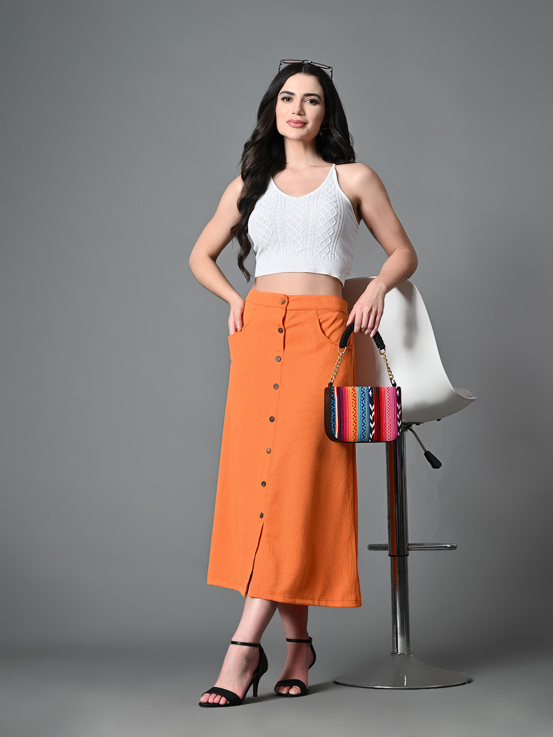 Myshka Women's Solid Ribbed A-Line Embellished Casual Skirt in Orange Color - Distacart