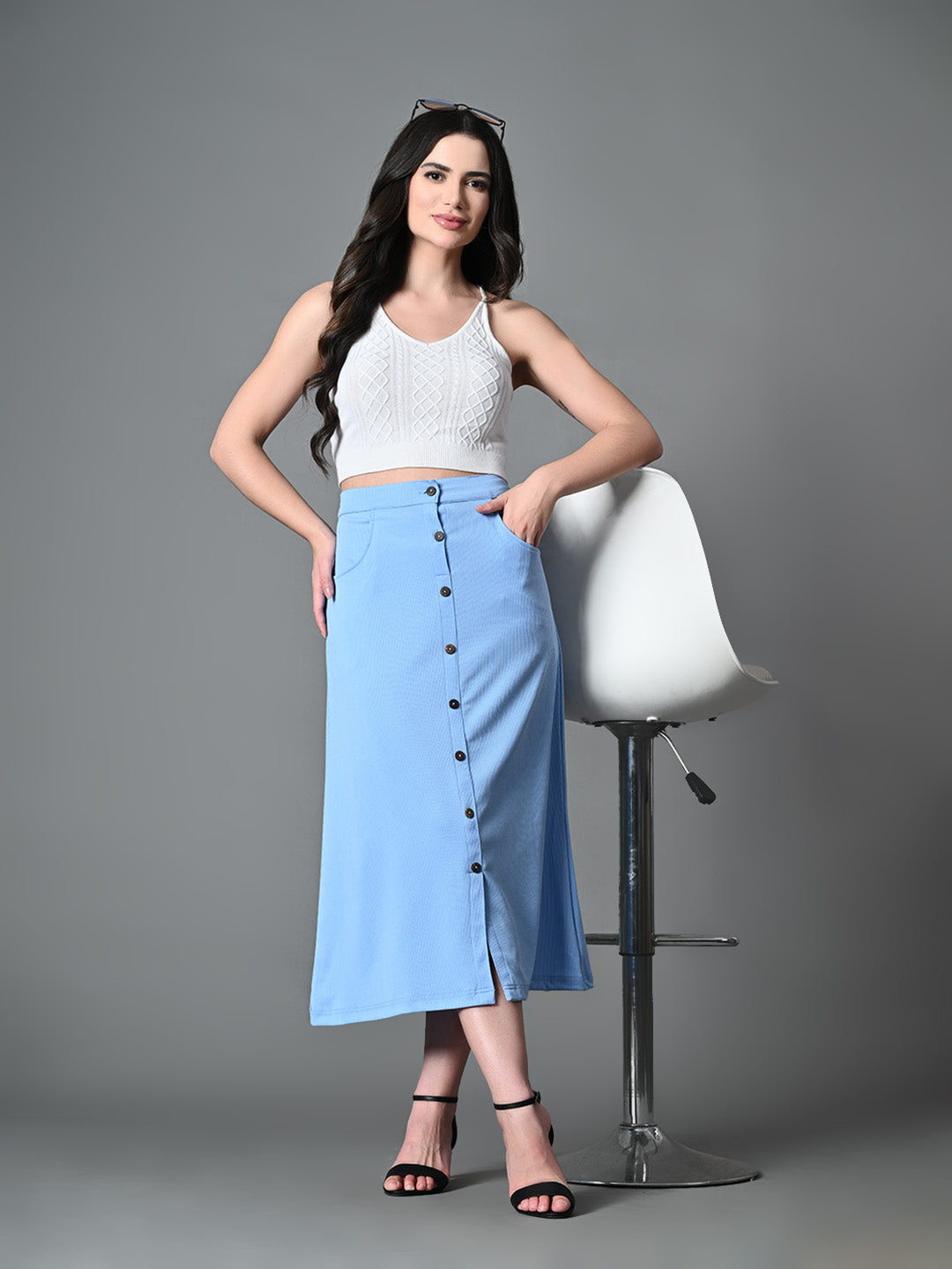 Myshka Women's Solid Ribbed A-Line Embellished Casual Skirt in Blue Color - Distacart