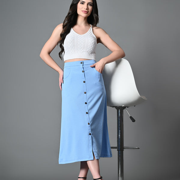 Myshka Women's Solid Ribbed A-Line Embellished Casual Skirt in Blue Color - Distacart