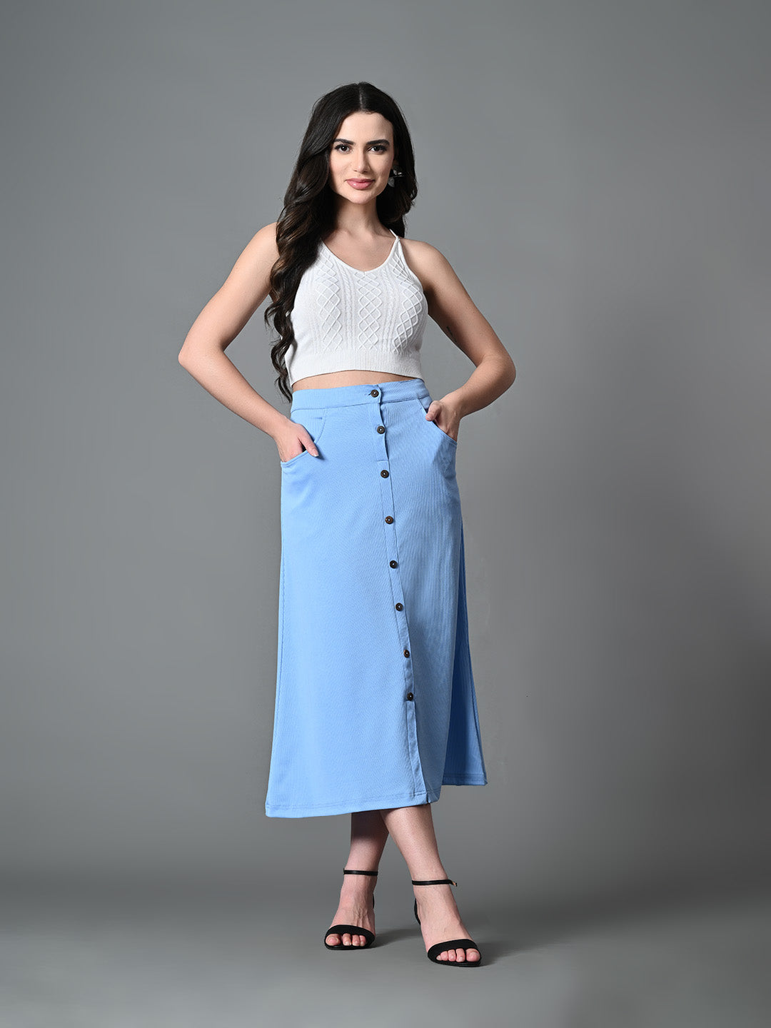 Myshka Women's Solid Ribbed A-Line Embellished Casual Skirt in Blue Color - Distacart