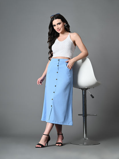 Myshka Women's Solid Ribbed A-Line Embellished Casual Skirt in Blue Color - Distacart