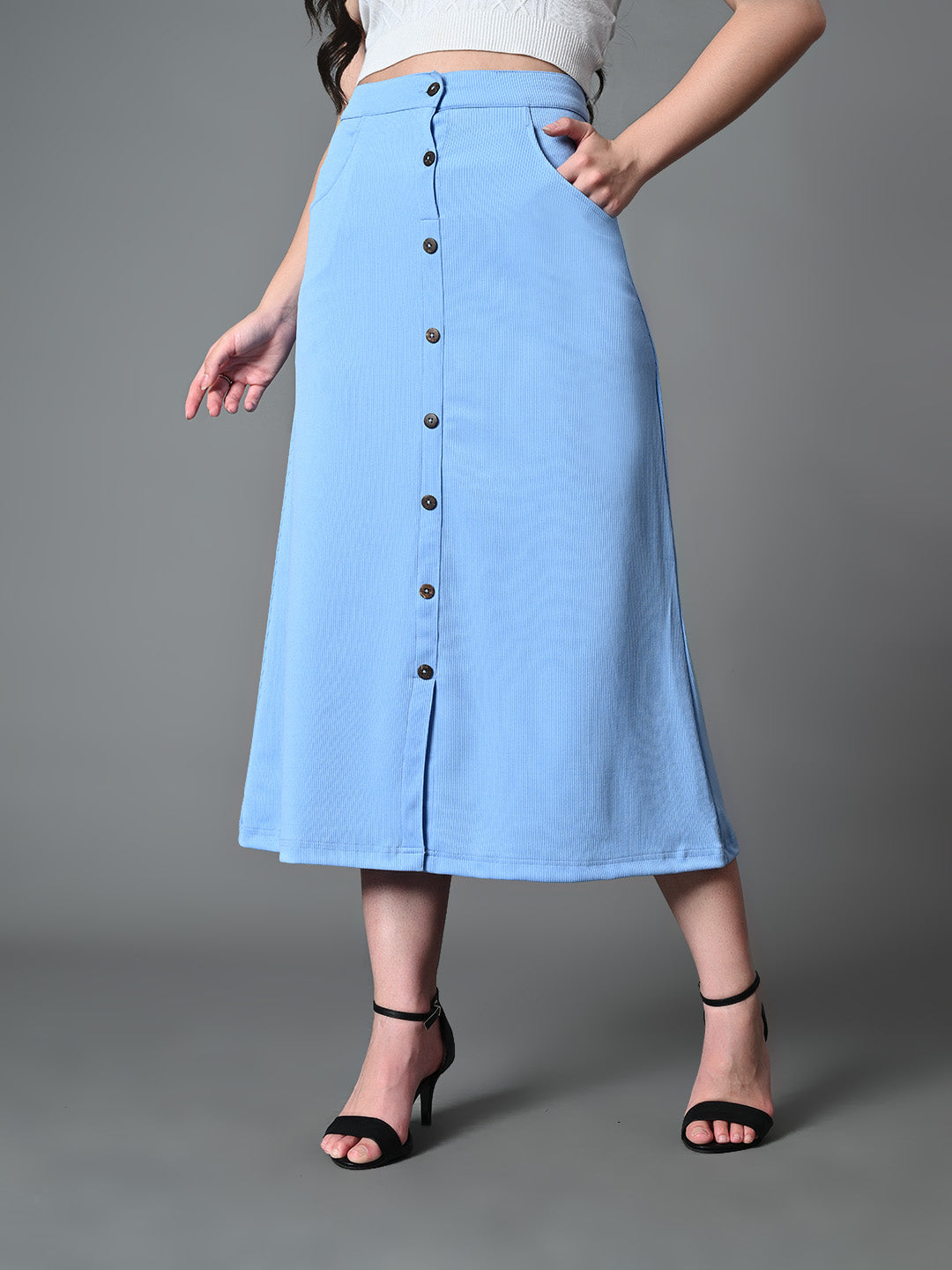 Myshka Women's Solid Ribbed A-Line Embellished Casual Skirt in Blue Color - Distacart
