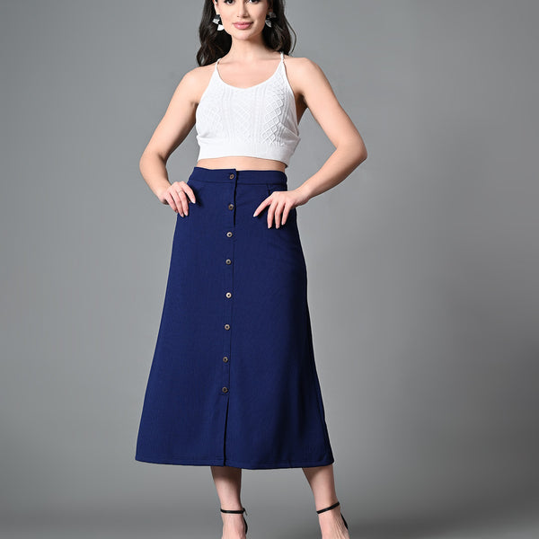 Myshka Women's Solid Ribbed A-Line Embellished Casual Skirt in Navy Blue Color - Distacart