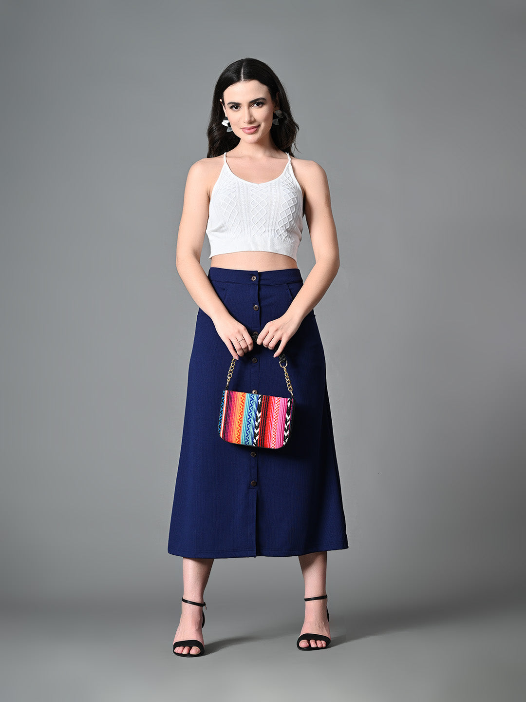 Myshka Women's Solid Ribbed A-Line Embellished Casual Skirt in Navy Blue Color - Distacart