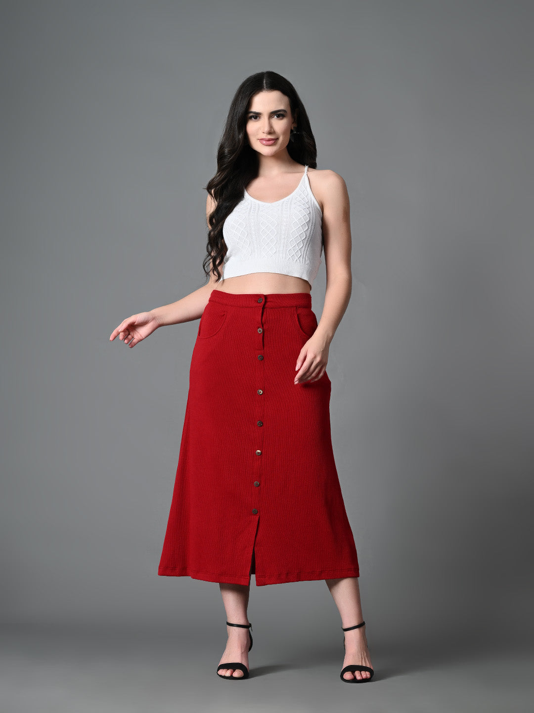 Myshka Women's Solid Ribbed A-Line Embellished Casual Skirt in Maroon Color - Distacart