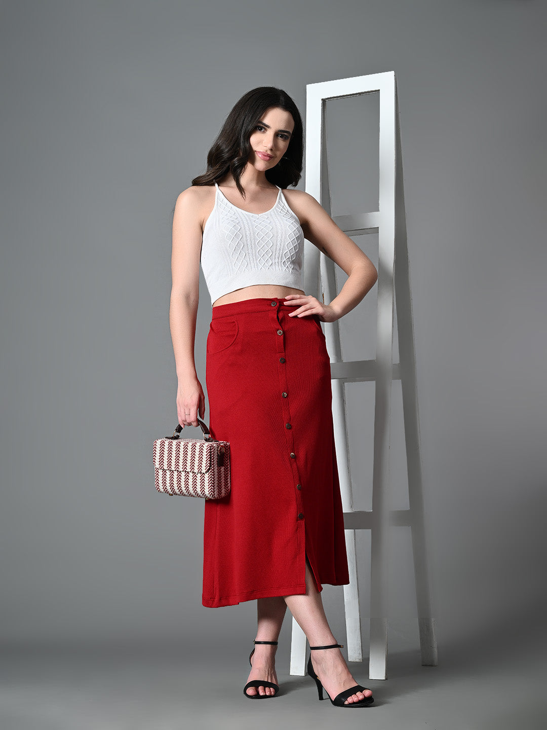 Myshka Women's Solid Ribbed A-Line Embellished Casual Skirt in Maroon Color - Distacart