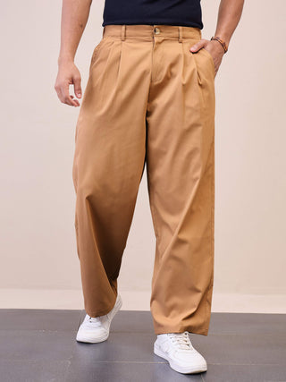 Lyush Men Brown Front Pleated Korean Pants