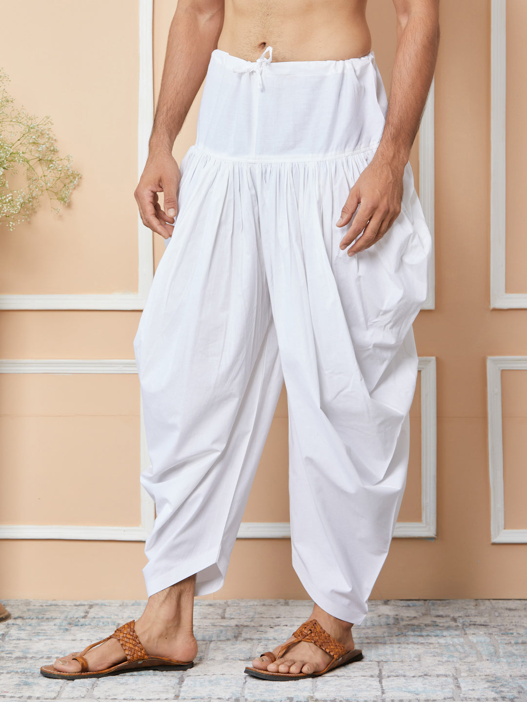 MULTI SHADES White Mid Rise Loose Fit Pure Cotton Elasticated Solid Pleated Dhoti (Salwar) - Dista