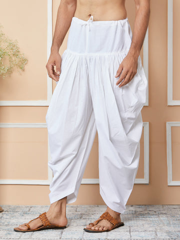 MULTI SHADES White Mid Rise Loose Fit Pure Cotton Elasticated Solid Pleated Dhoti (Salwar) - Dista