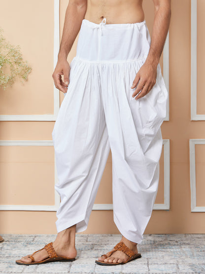 MULTI SHADES White Mid Rise Loose Fit Pure Cotton Elasticated Solid Pleated Dhoti (Salwar) - Dista