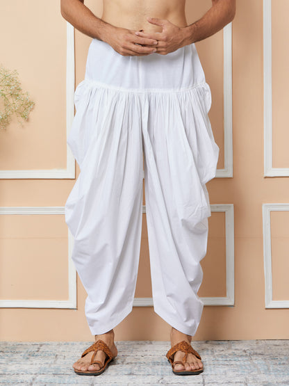 MULTI SHADES White Mid Rise Loose Fit Pure Cotton Elasticated Solid Pleated Dhoti (Salwar) - Dista