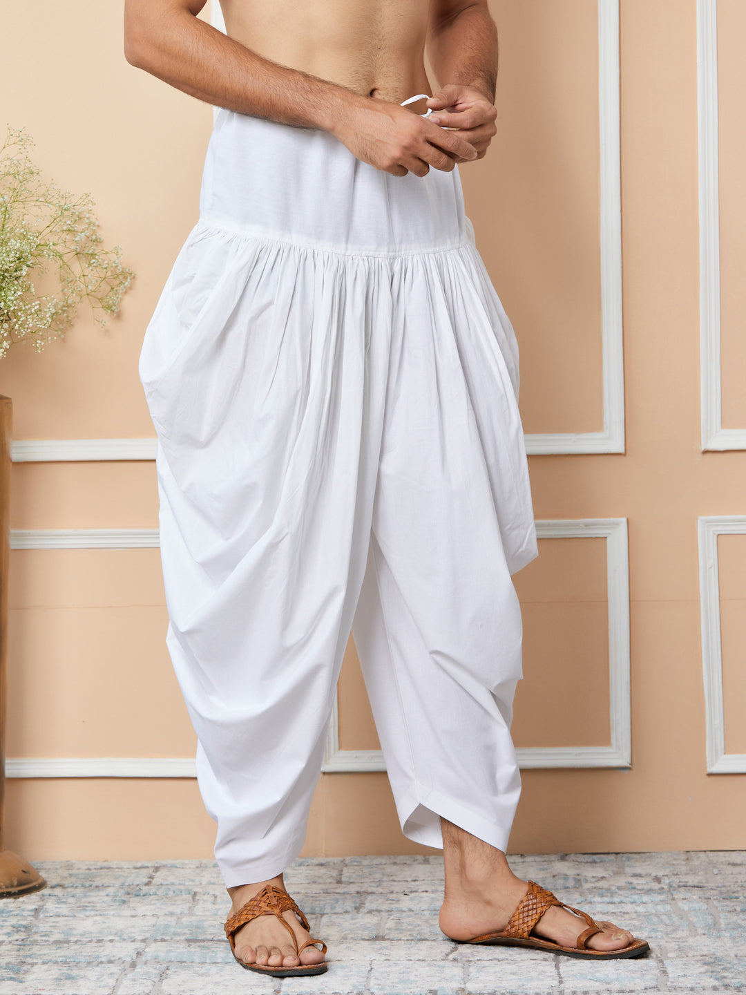 MULTI SHADES White Mid Rise Loose Fit Pure Cotton Elasticated Solid Pleated Dhoti (Salwar) - Dista