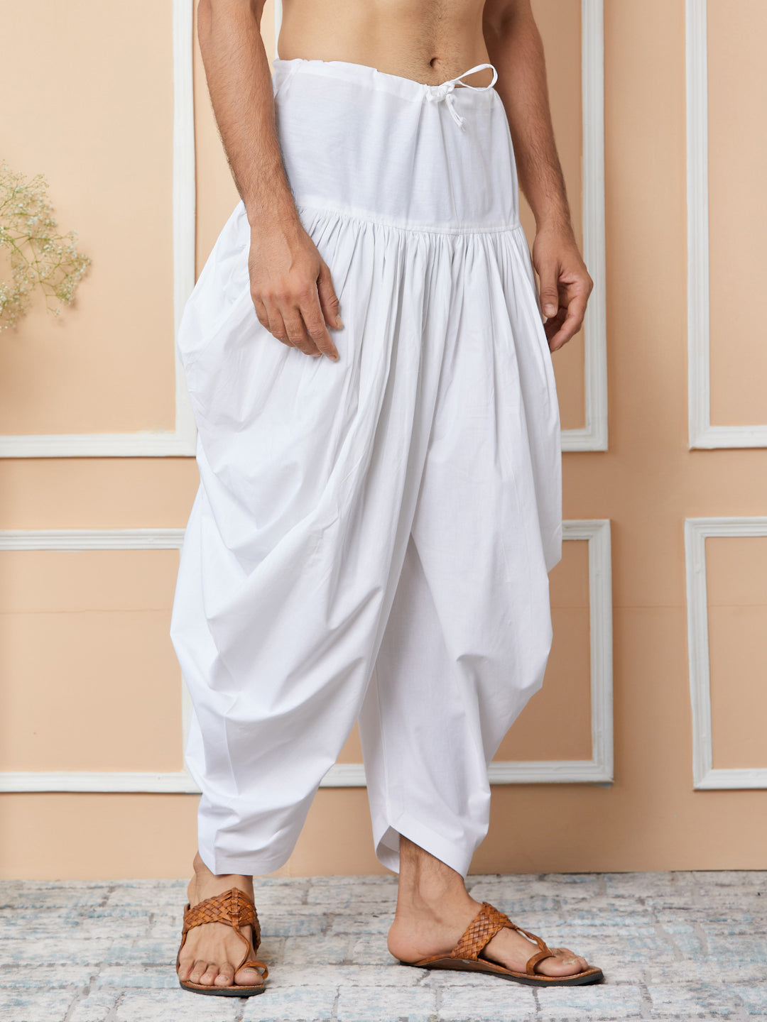 MULTI SHADES White Mid Rise Loose Fit Pure Cotton Elasticated Solid Pleated Dhoti (Salwar) - Dista