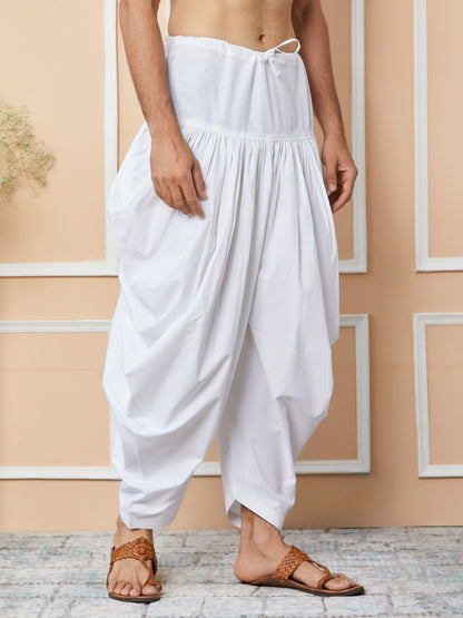 MULTI SHADES White Mid Rise Loose Fit Pure Cotton Elasticated Solid Pleated Dhoti (Salwar) - Dista