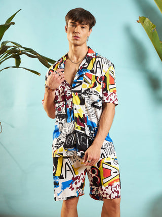 Lyush Men White Multi Colour Abstract Shirt With Shorts