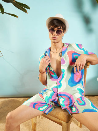 Lyush Men Grey & Blue Abstract Shirt With Shorts