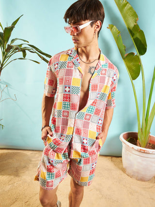 Lyush Men White & Red Conversational Shirt With Shorts