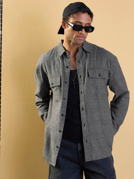Lyush Men Grey Check Flap Pocket Oversize Shirt