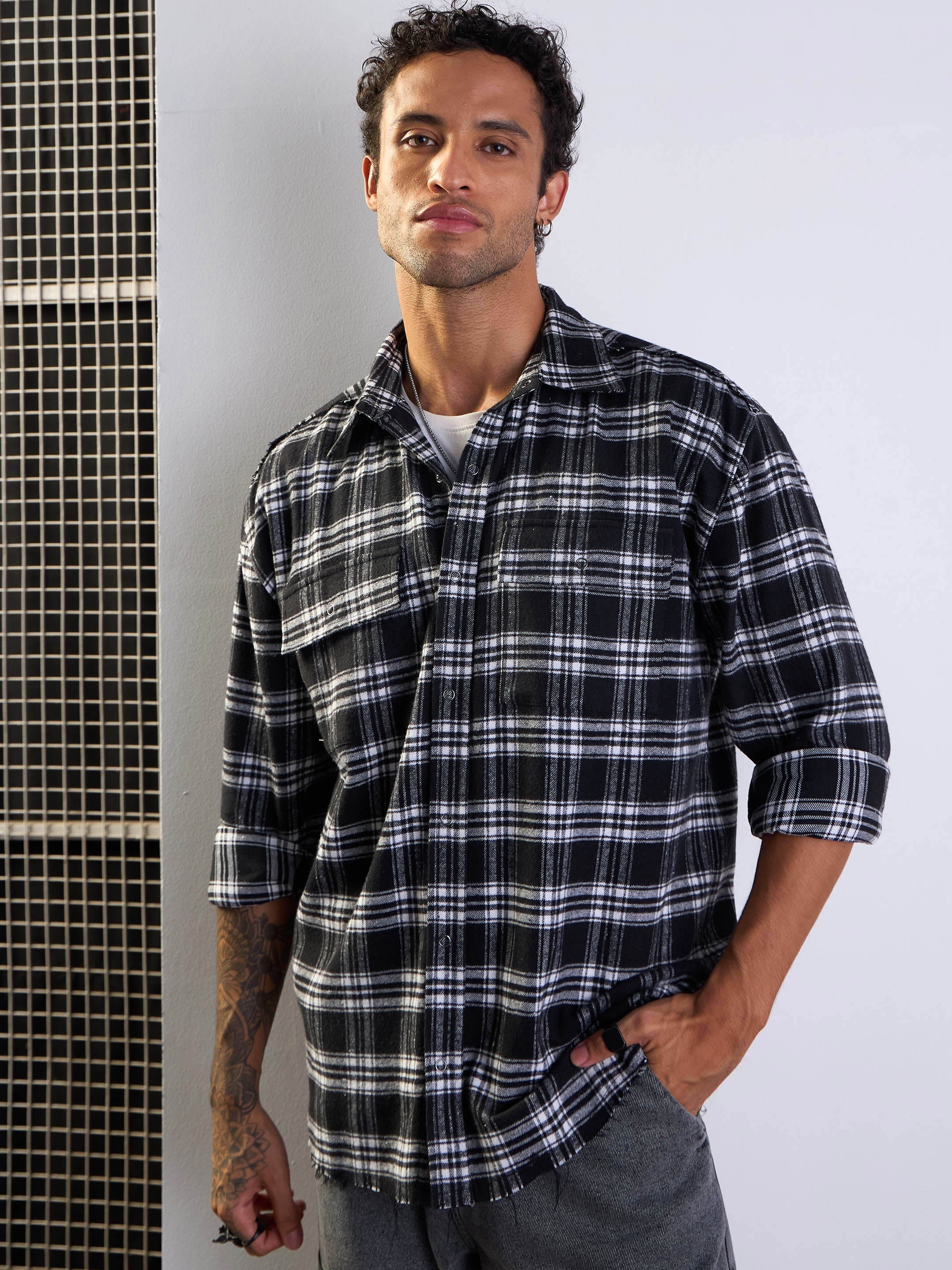 Buy Lyush Men Black & White Check Raw Edge Hem Oversize