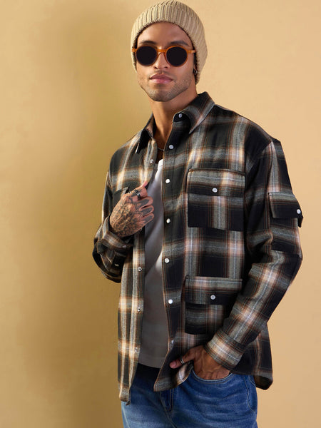 Lyush Men Black & Beige Check Utility Pocket Oversize Shirt
