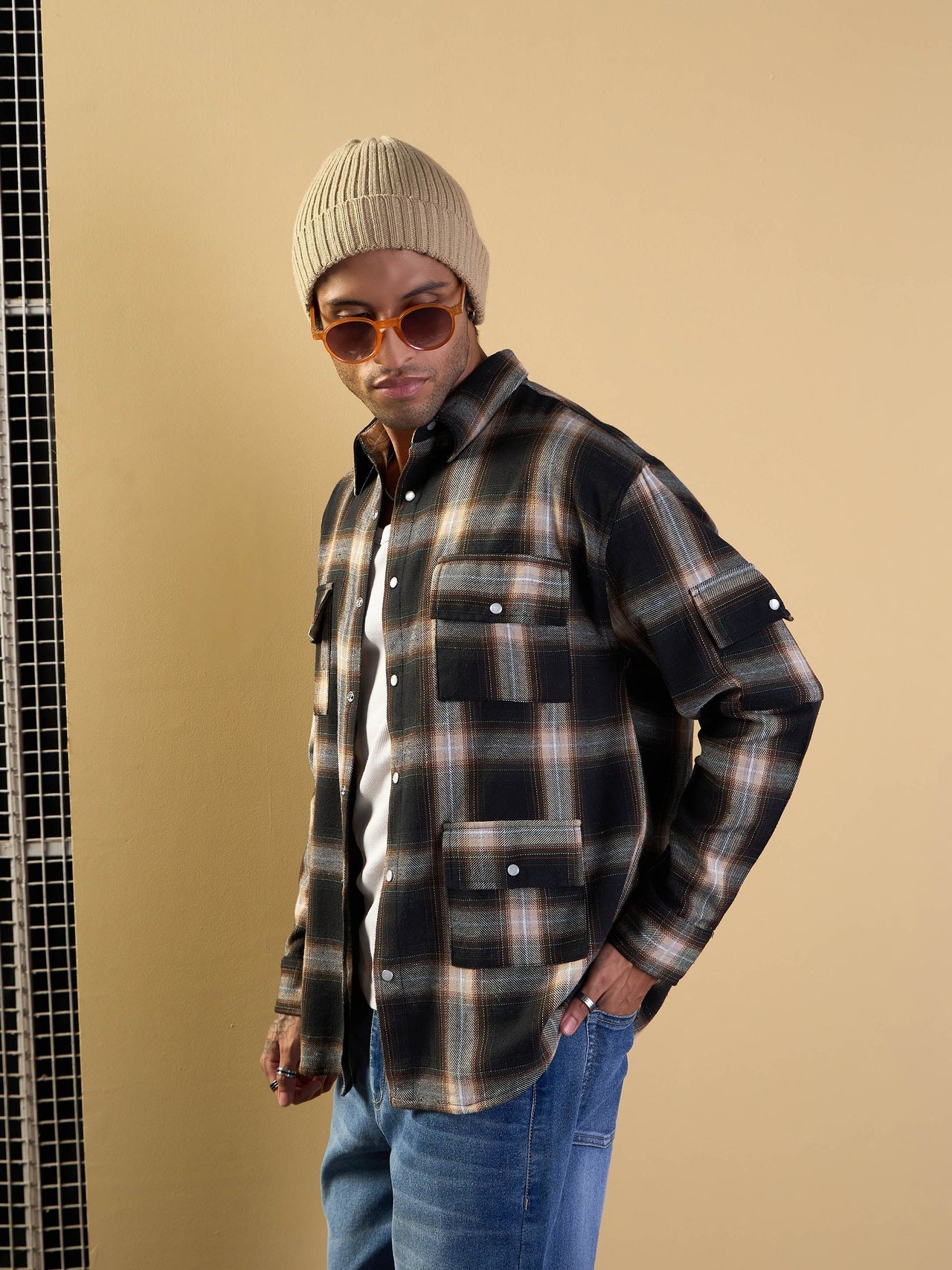 Lyush Men Black & Beige Check Utility Pocket Oversize Shirt