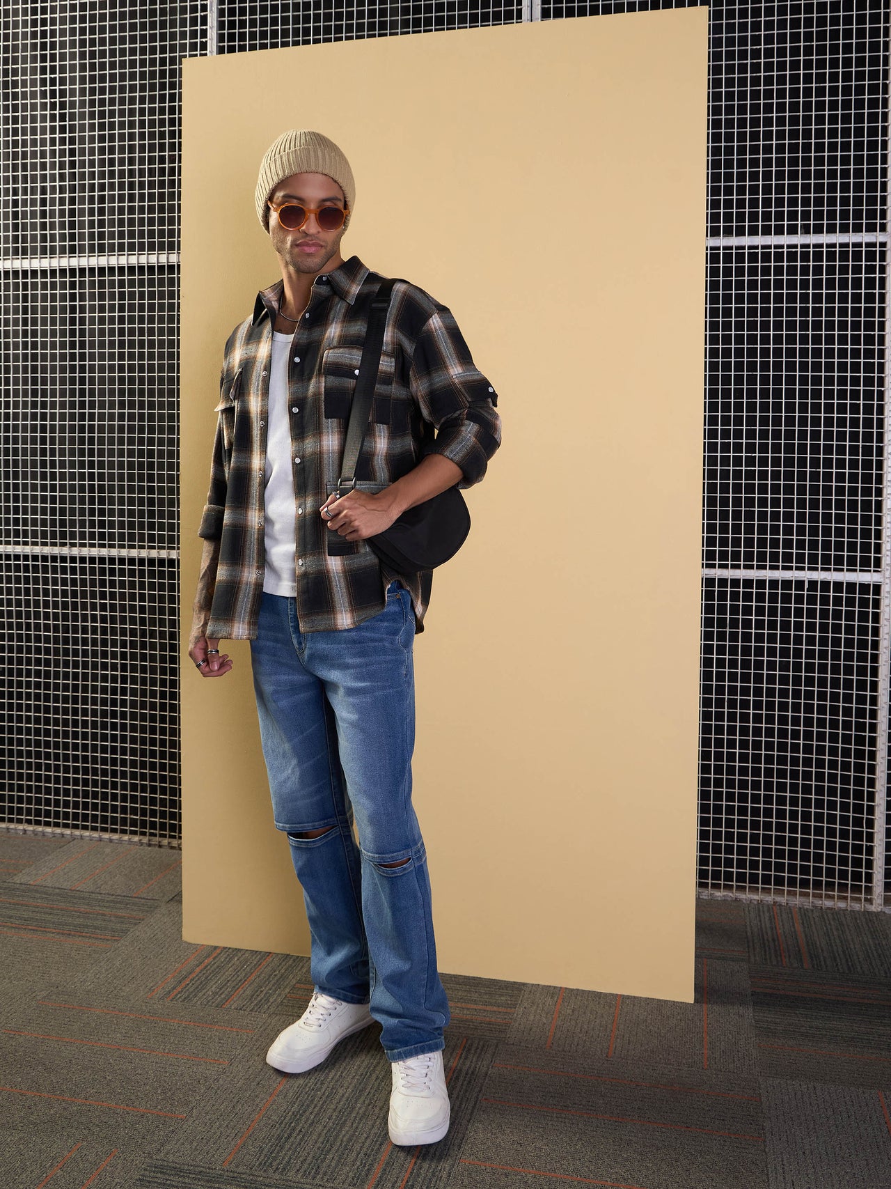 Lyush Men Black & Beige Check Utility Pocket Oversize Shirt