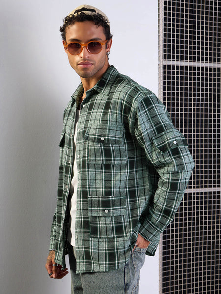 Lyush Men Green Check Utility Pocket Oversize Shirt
