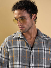 Thumbnail for Lyush Men Grey & White Check Overlap Sleeves Oversize Shirt