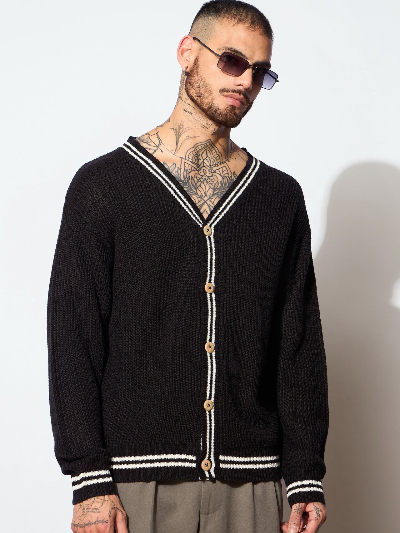 Lyush Men Men & Women Black & Off White Front Button Cardigan
