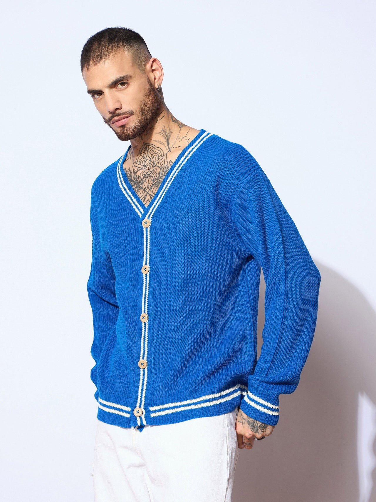 Lyush Men Men & Women Blue & White Front Button Cardigan