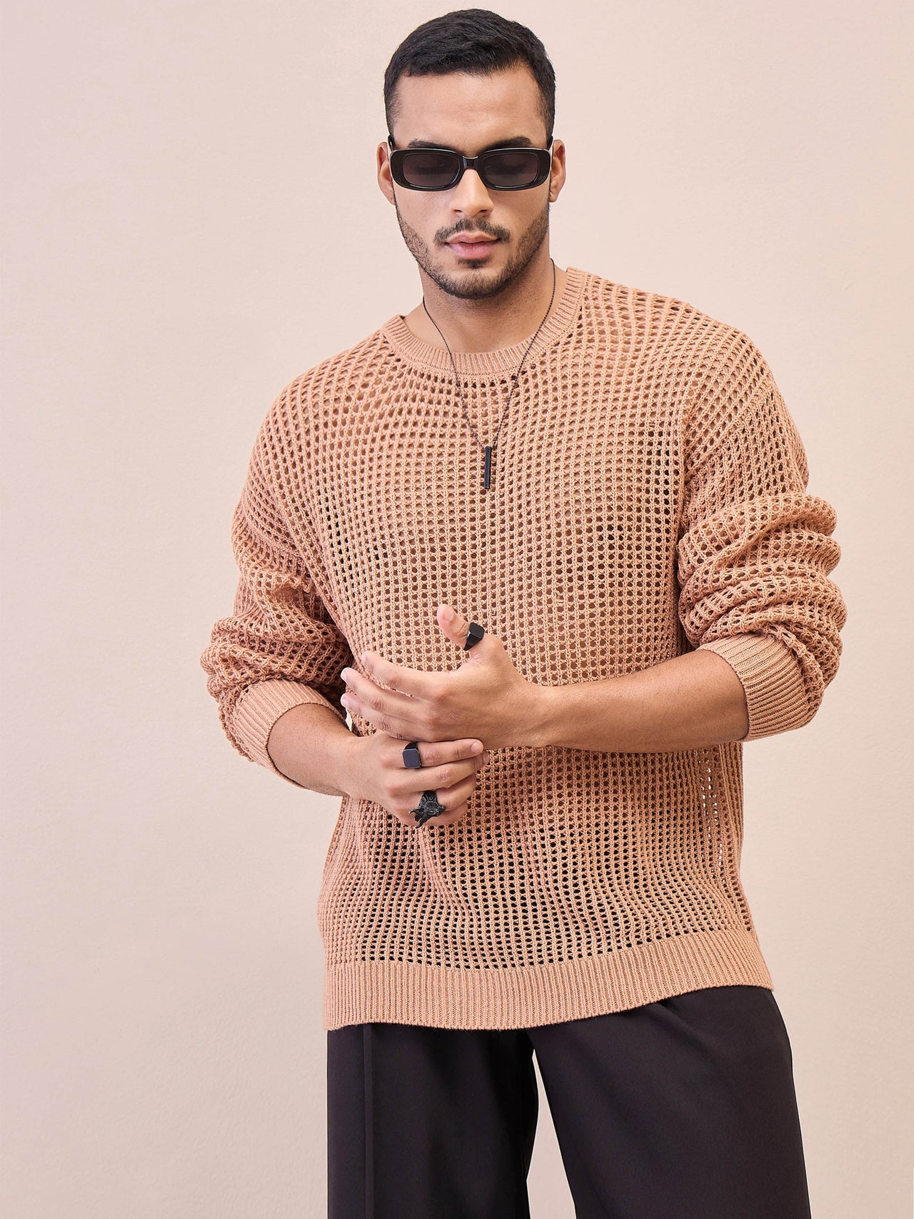 Lyush Men Men & Women Beige Oversize Crochet Sweater