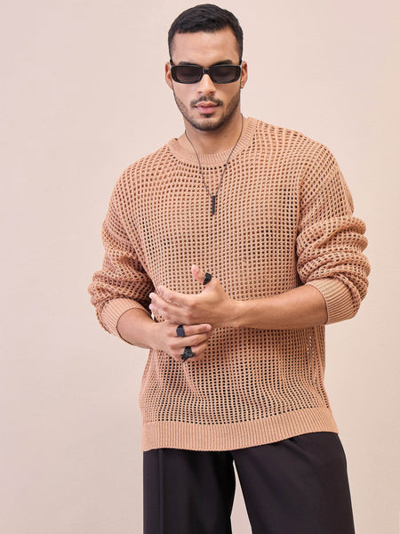 Lyush Men Men & Women Beige Oversize Crochet Sweater
