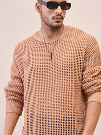 Thumbnail for Lyush Men Men & Women Beige Oversize Crochet Sweater