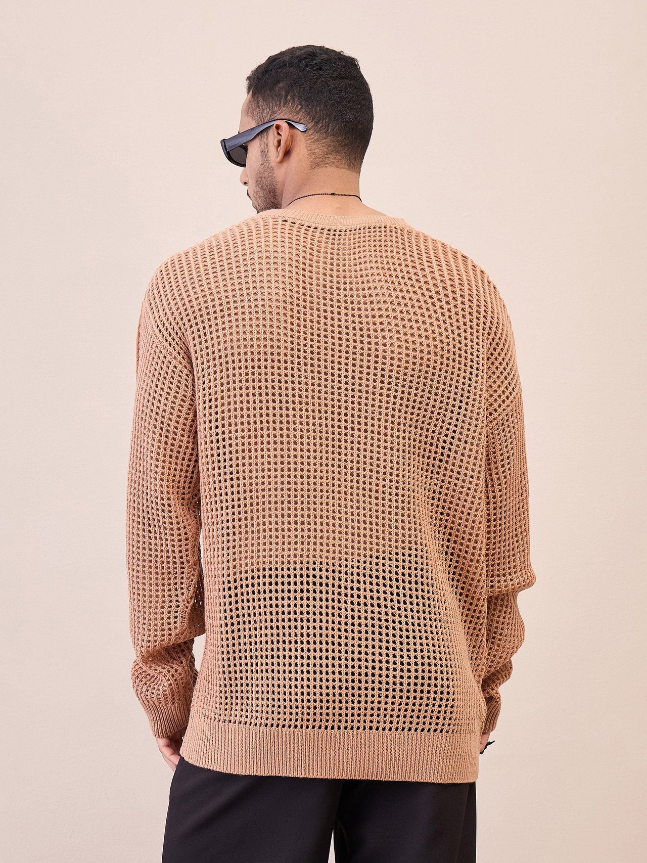 Lyush Men Men & Women Beige Oversize Crochet Sweater