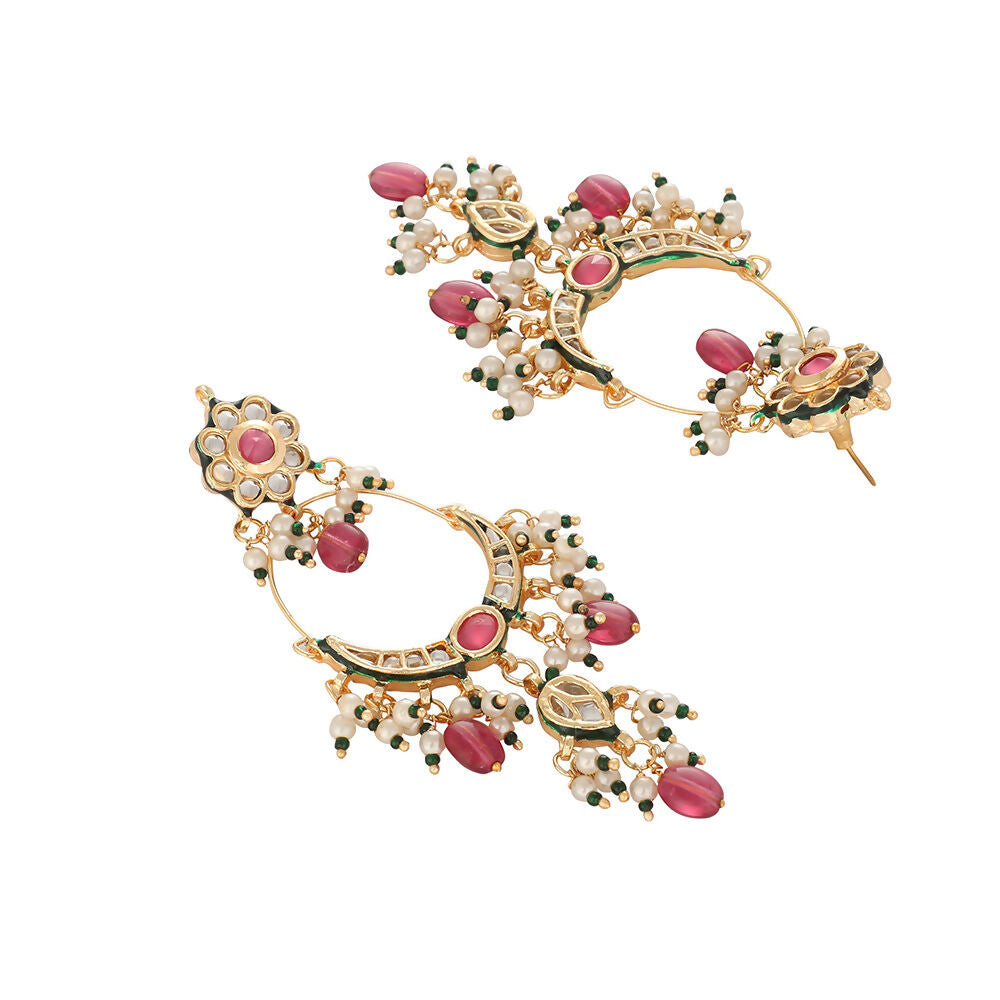 Nuyug 22K Gold Plated Crescent Kundan Drop Pink Stone Chandbali Earrings