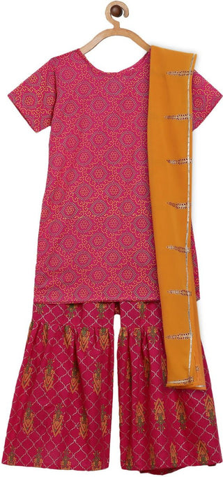 Ahalyaa Magenta Cotton Printed Kids Kurta Sharara Set With Dupatta For Girls - Distacart