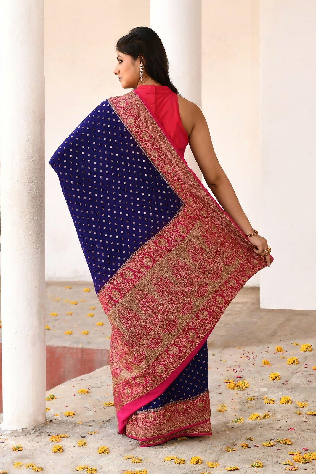 Joban Fashion Navy Blue Crepe Chiffon Pure Handloom Banarasi Silk Saree