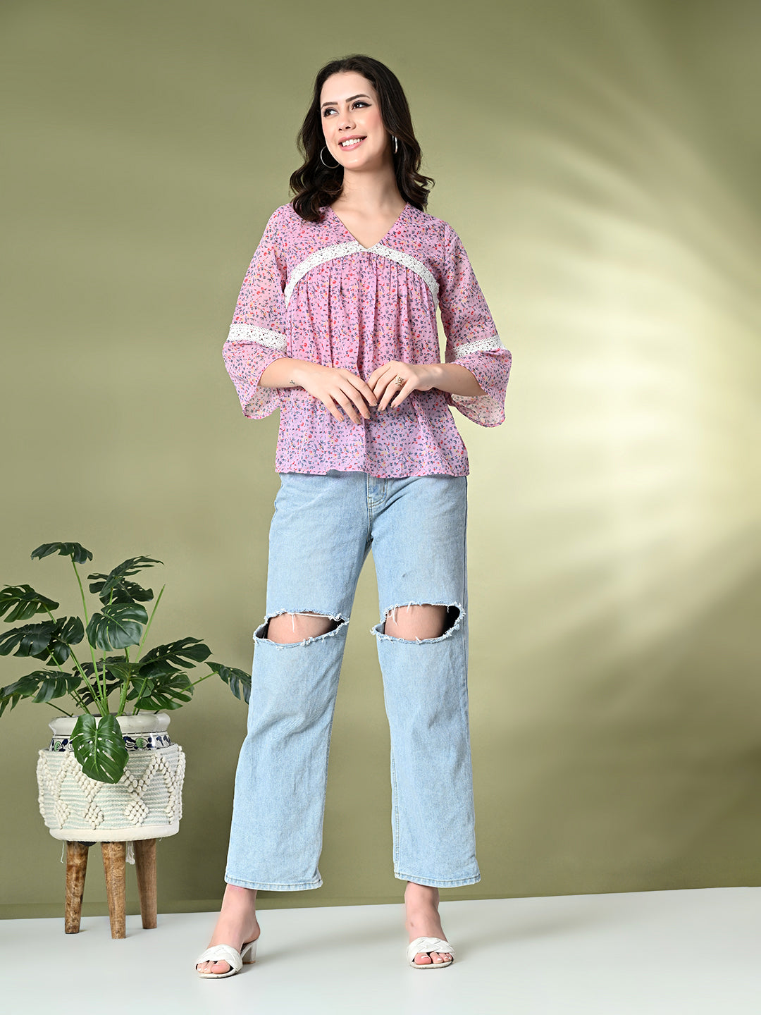 Myshka Women's Printed Georgette A-Line Bell Sleeves Casual Tops In Pink Color - Distacart