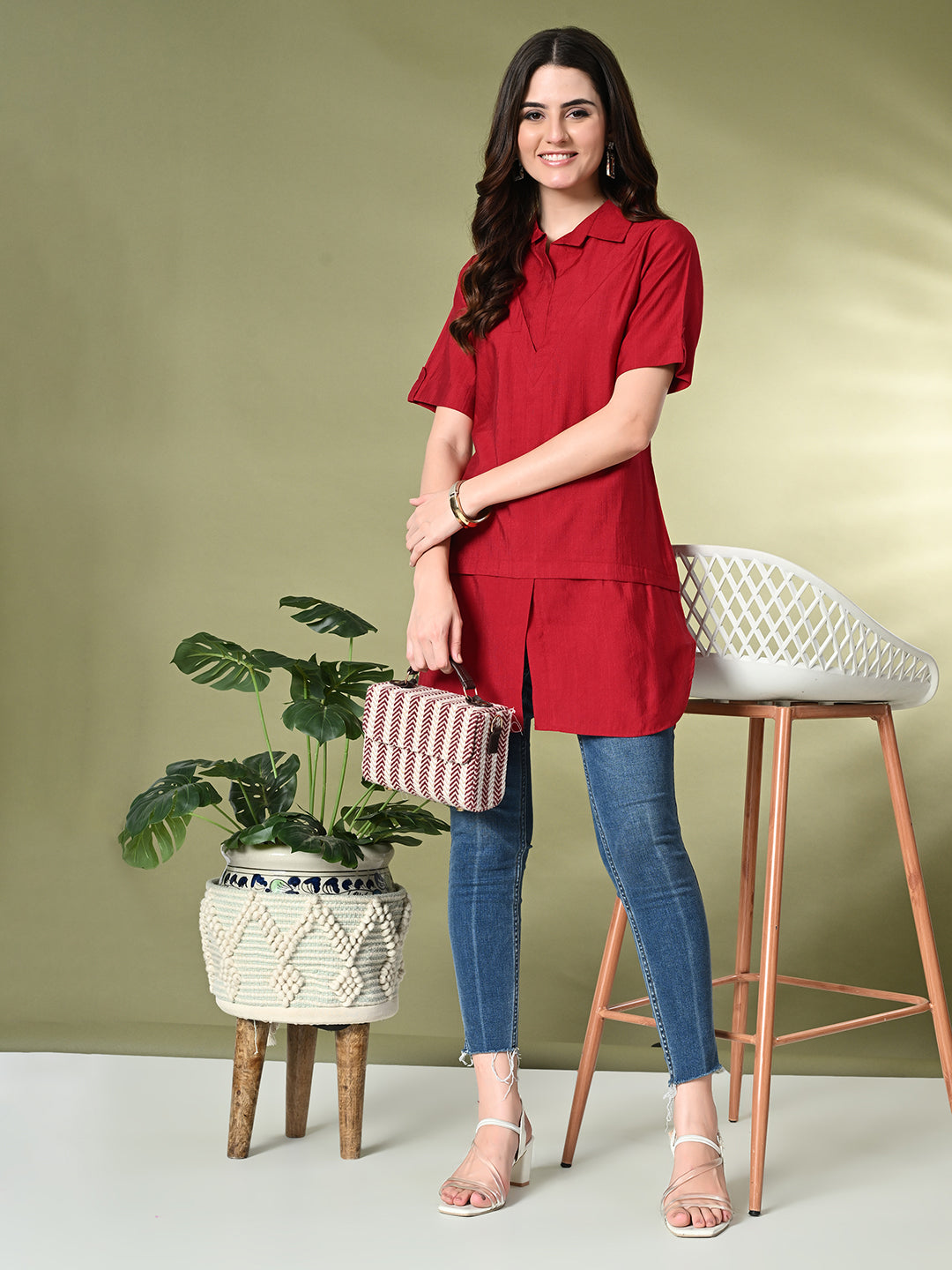 Myshka Women's Solid A-Line Collared Neck Casual Tunic In Red Color - Distacart