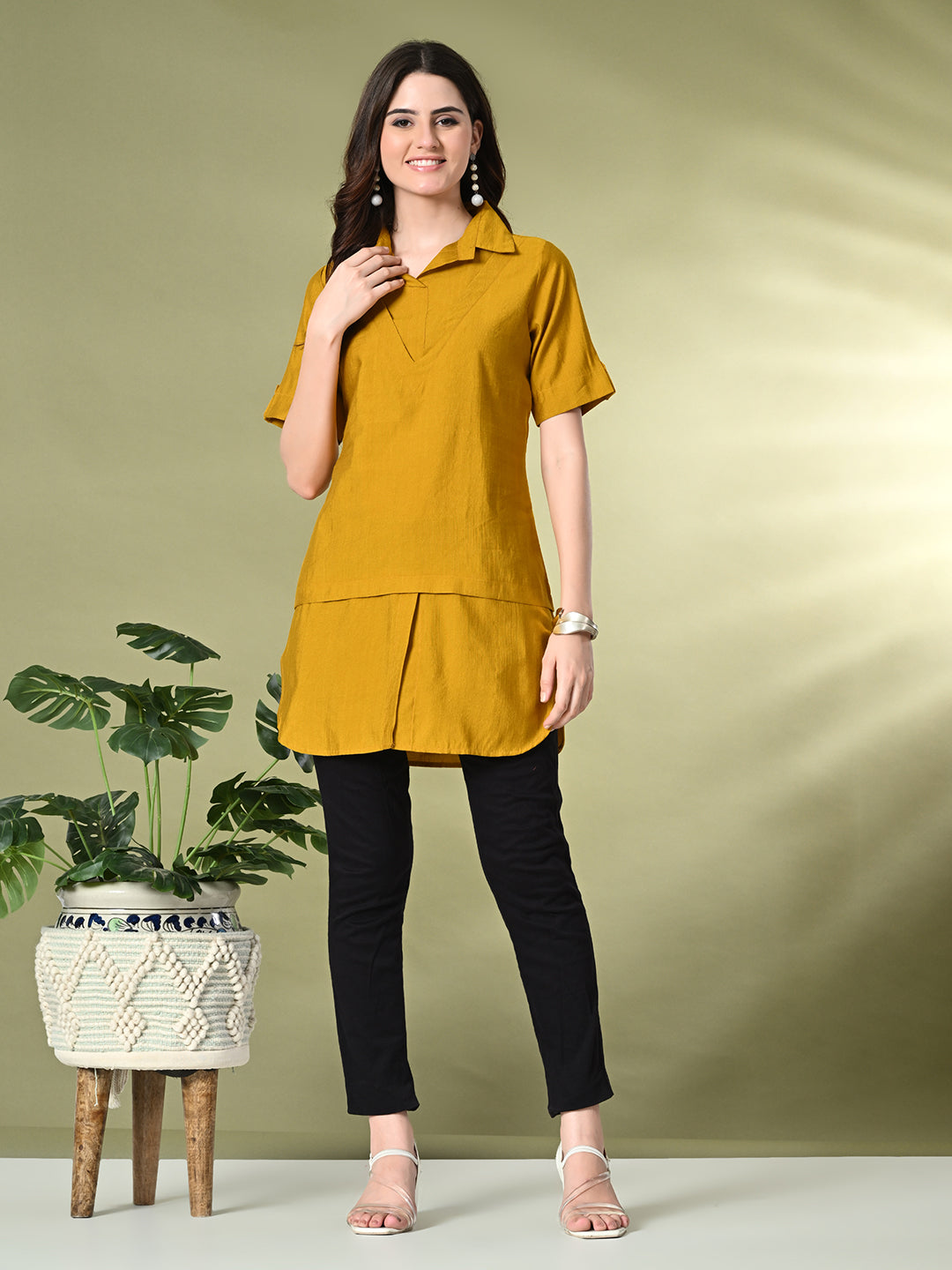 Myshka Women's Solid A-Line Collared Neck Casual Tunic In Mustard Color - Distacart