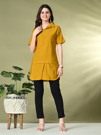 Myshka Women's Solid A-Line Collared Neck Casual Tunic In Mustard Color - Distacart
